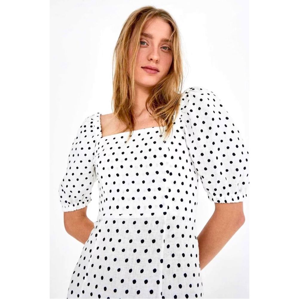 White and Black Polka Dot Puff Sleeve Dress